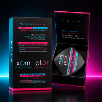 XÜM PLÜR FLIP 100mg 5-MAPB 12mg Metocin soft gel box