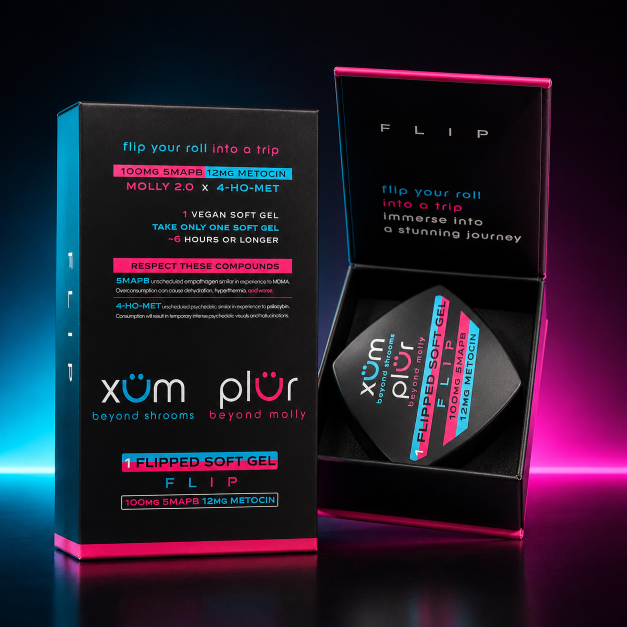 XÜM PLÜR FLIP 100mg 5-MAPB 12mg Metocin soft gel box