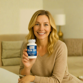 Smiling woman holding a bottle of Phlow State Nootropic Capsules 500mg from Burman’s Health Shop for focus and clarity.